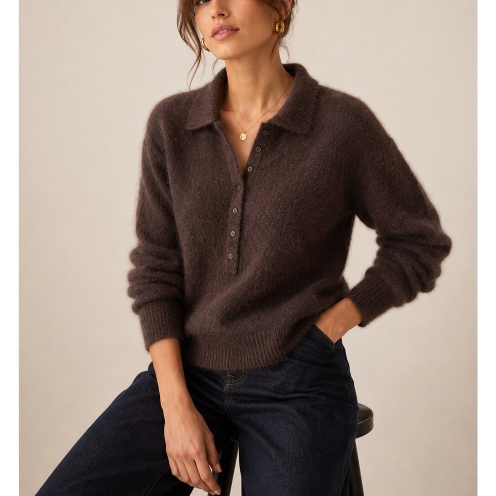 Twiggy Vintage Angora Rabbit Fur Blend Polo Sweater Brown Knit Soft Cozy - XL